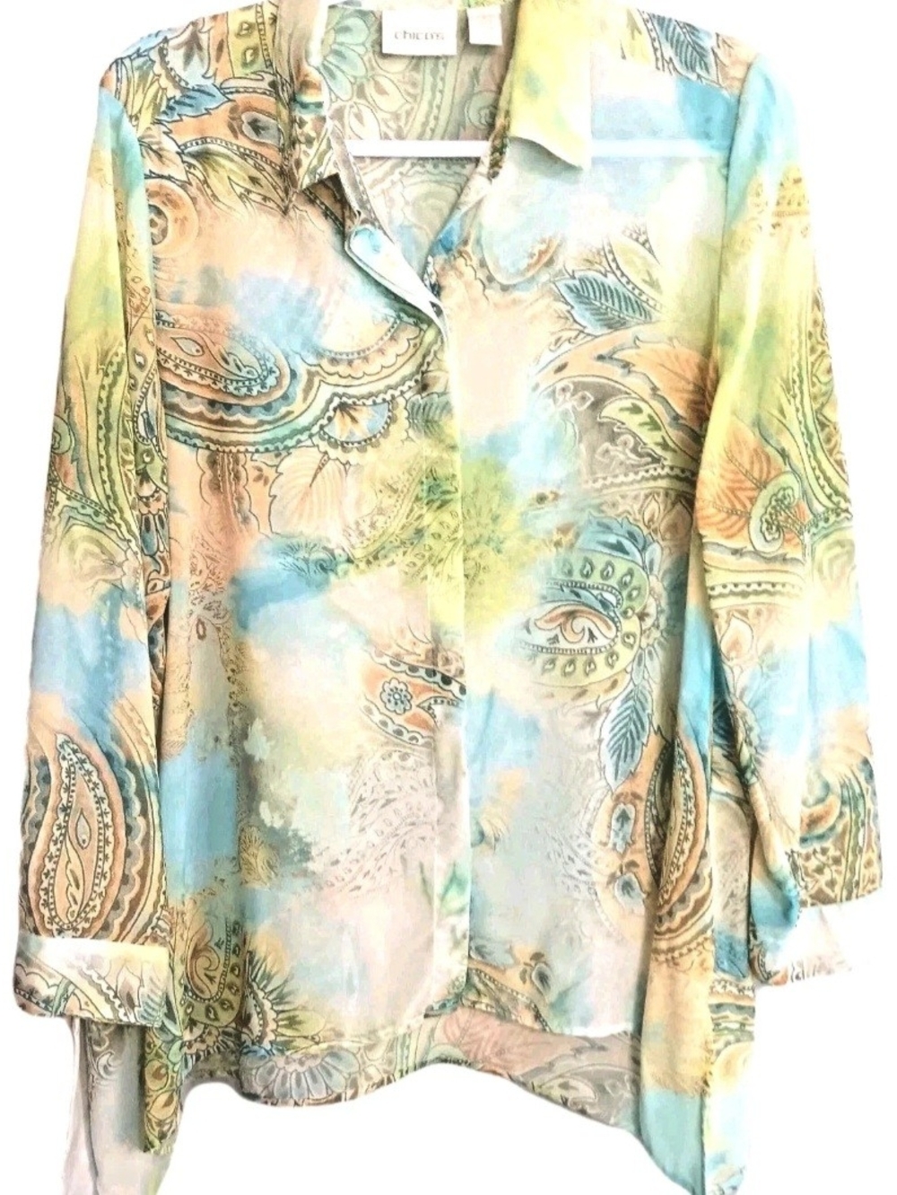 Chico's Pastel Paisley Button-Down Blouse in Blue, Green, Cream